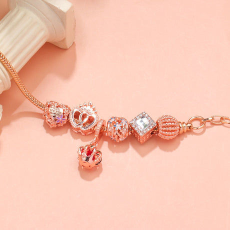 Hollow-out Rhinestone Heart Flower Charm Bracelet(rose gold,17cm)