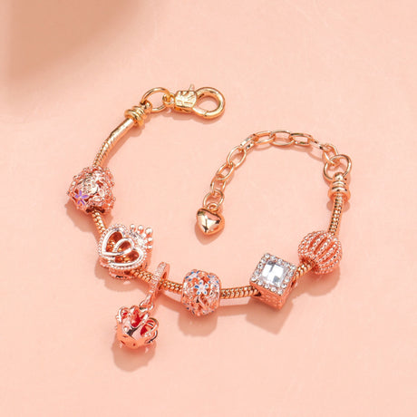 Hollow-out Rhinestone Heart Flower Charm Bracelet(rose gold,18cm)