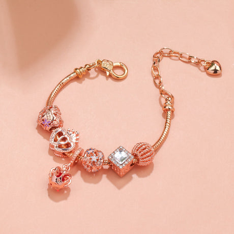 Hollow-out Rhinestone Heart Flower Charm Bracelet(rose gold,18cm)