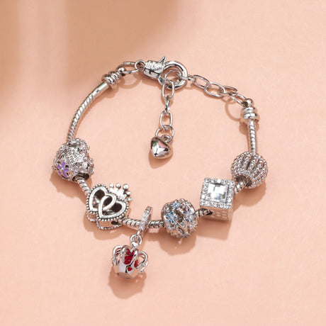 Hollow-out Rhinestone Heart Flower Charm Bracelet(Silver,17cm)