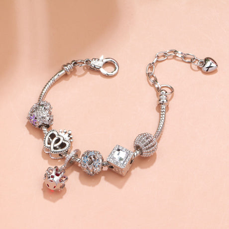 Hollow-out Rhinestone Heart Flower Charm Bracelet(Silver,20cm)