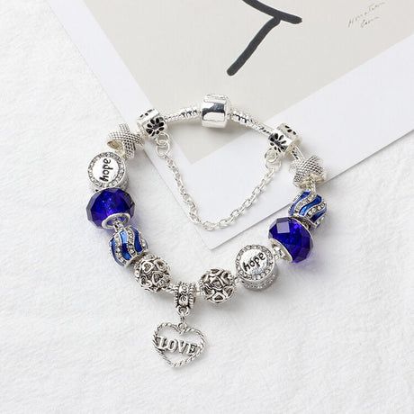 Romantic Love Heart Pendant Bracelet with Rhinestones, Glass Beads(21cm)