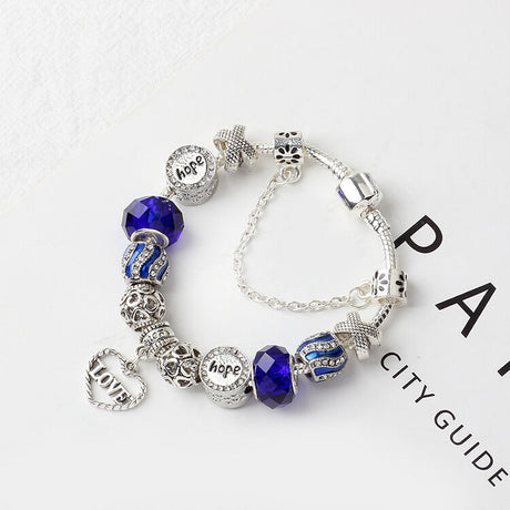 Romantic Love Heart Pendant Bracelet with Rhinestones, Glass Beads(21cm)