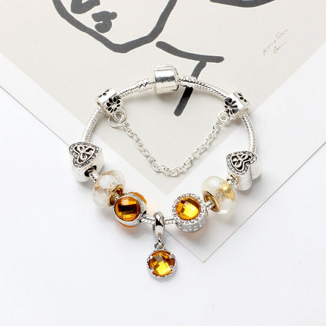 Yellow Zircon Heart Glass Beaded Bracelet with Rhinestones(21cm)
