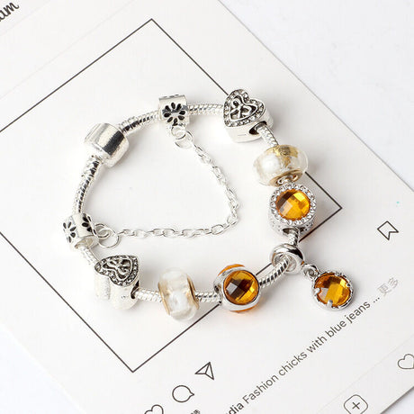 Yellow Zircon Heart Glass Beaded Bracelet with Rhinestones(21cm)