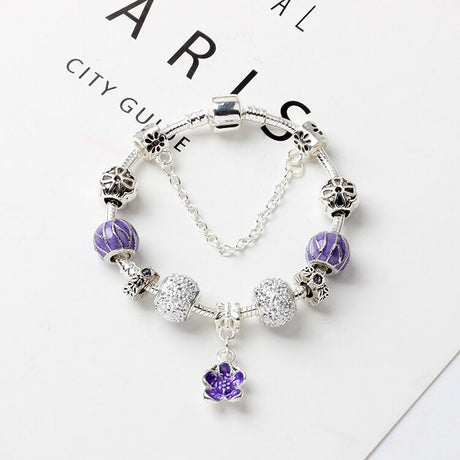 Vintage Alloy Charm Bracelet with Purple Flower Pendant, Crystal Beads(18cm)
