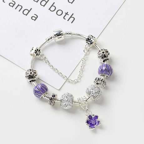 Vintage Alloy Charm Bracelet with Purple Flower Pendant, Crystal Beads(20cm)