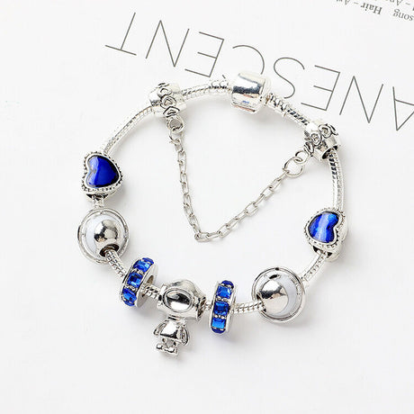 Sci-Fi Universe Spaceship Robot Blue Heart Beaded Bracelet with Rhinestones(18cm)