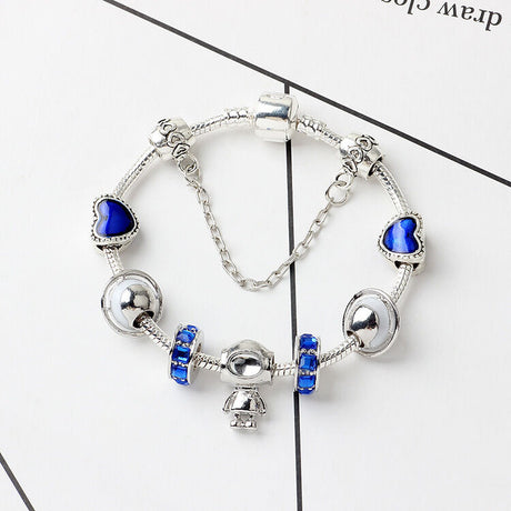 Sci-Fi Universe Spaceship Robot Blue Heart Beaded Bracelet with Rhinestones(19cm)