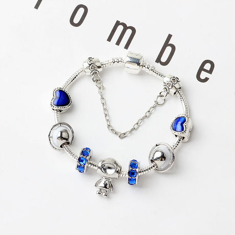 Sci-Fi Universe Spaceship Robot Blue Heart Beaded Bracelet with Rhinestones(20cm)