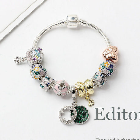 Rhinestone Inlaid Pastoral Style Butterfly Wreath Clover Pendant Bracelet(20cm)
