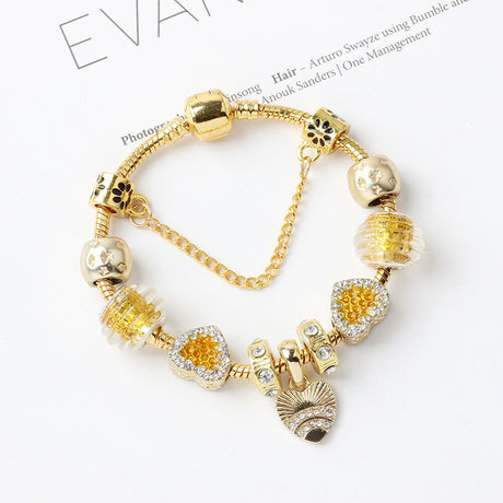 Golden Rhinestone Heart Charm Beaded Snake Chain Bracelet(19cm)