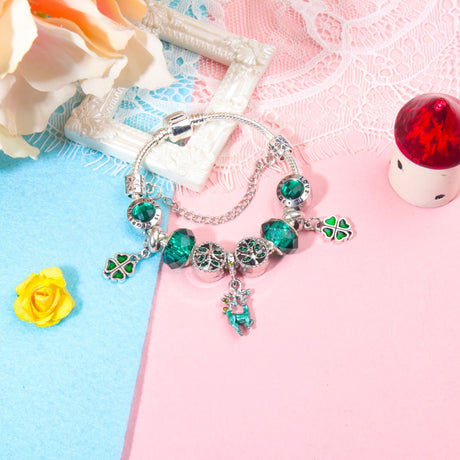 Colorful Cat Eye Glass Bead Clover Pendant Bracelet(17cm)