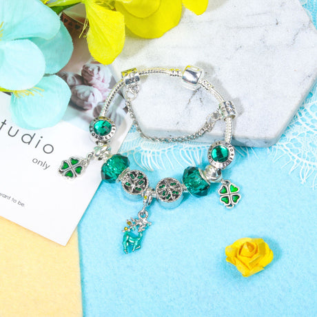Colorful Cat Eye Glass Bead Clover Pendant Bracelet(18cm)