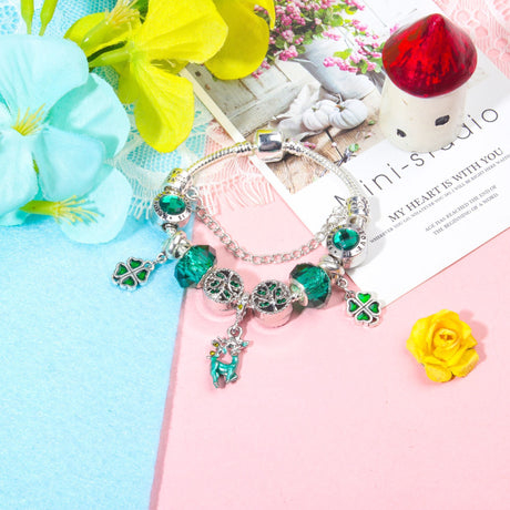 Colorful Cat Eye Glass Bead Clover Pendant Bracelet(20cm)
