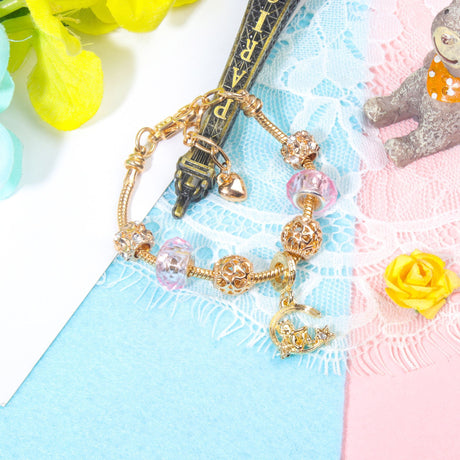 Sweet Style Crystal Rhinestone Gold Star Moon Pendant Cute Pink Bead Bracelet(17cm)