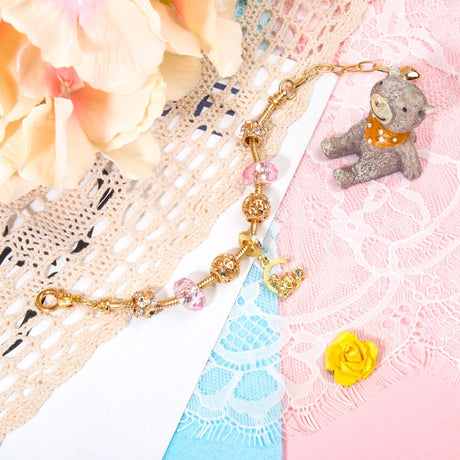 Sweet Style Crystal Rhinestone Gold Star Moon Pendant Cute Pink Bead Bracelet(20cm)
