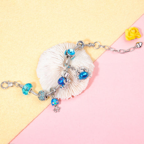 Cartoon Ocean Theme Bracelet with Octopus, Jellyfish, Crab Charms & Crystal Rhinestone Beads(17cm)