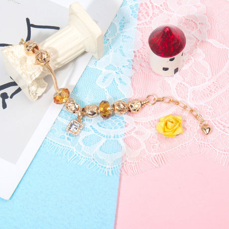 Golden Heart Zircon Hollow Bead Bracelet with Rhinestone Pendant(17cm)
