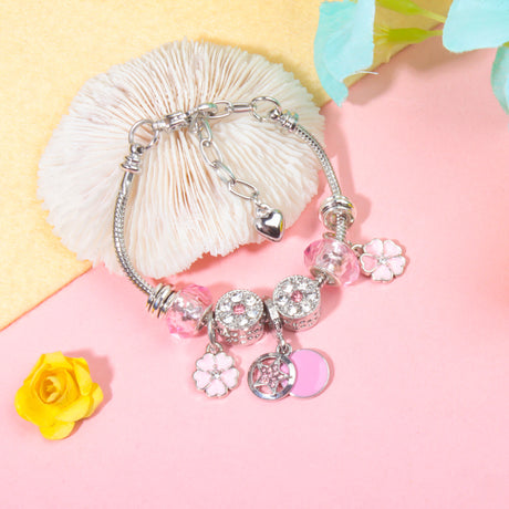 Chic Pink Crystal Beaded Bracelet with Magnolia & Star Pendant(20cm)