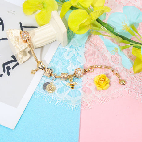 Golden Heart & Bee Charm Bracelet with Rhinestones, Hollow Flower & Gift Box Beads(17cm)