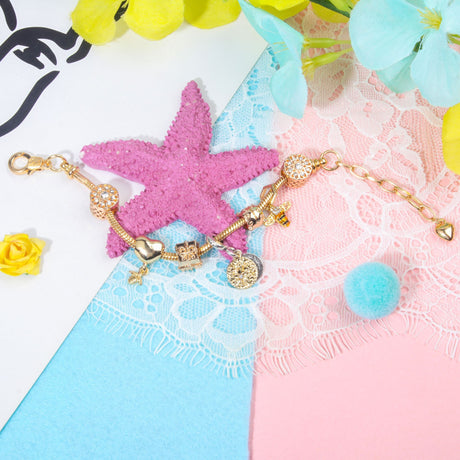 Golden Heart & Bee Charm Bracelet with Rhinestones, Hollow Flower & Gift Box Beads(17cm)