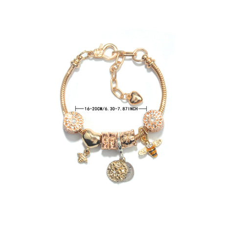 Golden Heart & Bee Charm Bracelet with Rhinestones, Hollow Flower & Gift Box Beads(18cm)