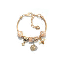 Golden Heart & Bee Charm Bracelet with Rhinestones, Hollow Flower & Gift Box Beads(19cm)