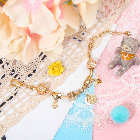 Golden Heart & Bee Charm Bracelet with Rhinestones, Hollow Flower & Gift Box Beads(19cm)