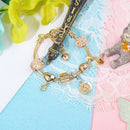 Golden Heart & Bee Charm Bracelet with Rhinestones, Hollow Flower & Gift Box Beads(19cm)