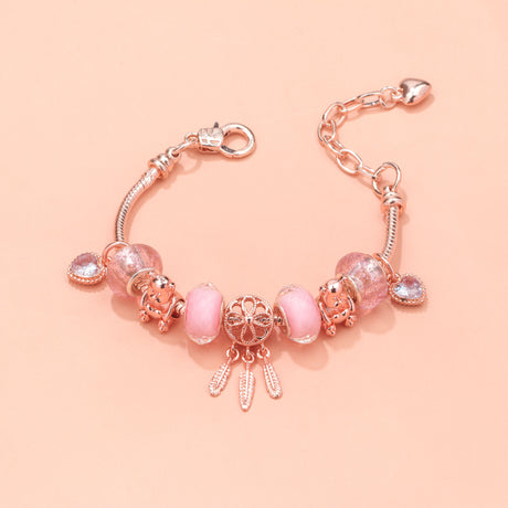 Rose Gold Charm Bracelet with Dreamcatcher & Bear Beads, Colorful Glass Beads Bracelet(16cm)
