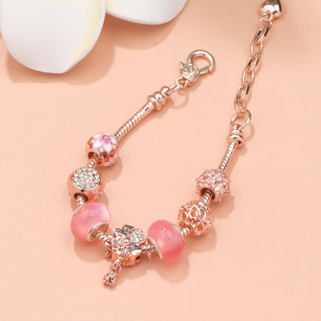 Rose Gold Beaded Bracelet with Floral & Zircon Accents(19cm)