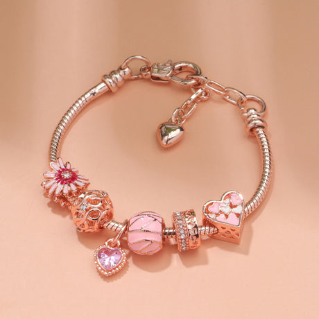 Rhinestone Daisy & Hollow Heart Charm Bracelet - Minimalist Fashion Zinc Alloy Electroplated Jewelry(20cm)
