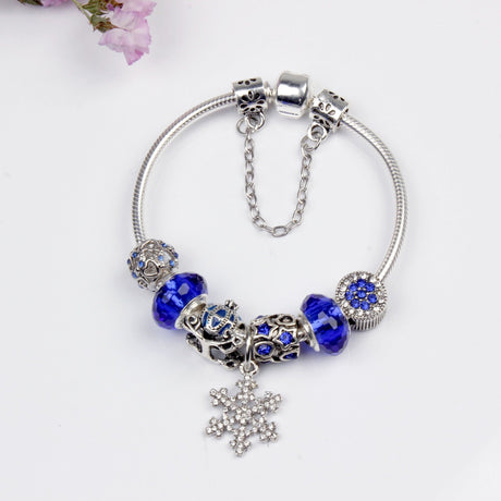 Snowflake Pendant Bracelet - Blue Cat’s Eye & Glass Beads, Zinc Alloy with Rhinestone Silver Carved Charms(17cm)
