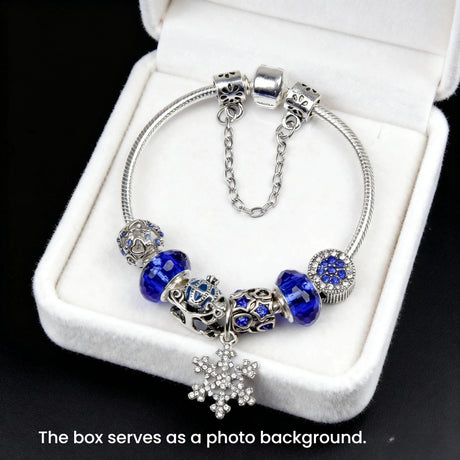 Snowflake Pendant Bracelet - Blue Cat’s Eye & Glass Beads, Zinc Alloy with Rhinestone Silver Carved Charms(17cm)