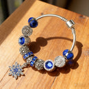 Blue Cat's Eye Glass Bead Bracelet - Zinc Alloy Rhinestone & Snowflake Pendant(19cm)