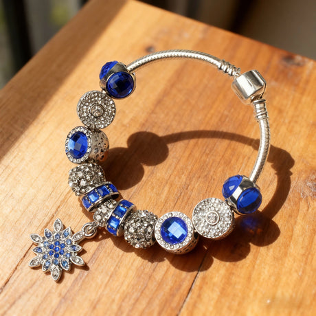 Blue Cat's Eye Glass Bead Bracelet - Zinc Alloy Rhinestone & Snowflake Pendant(19cm)