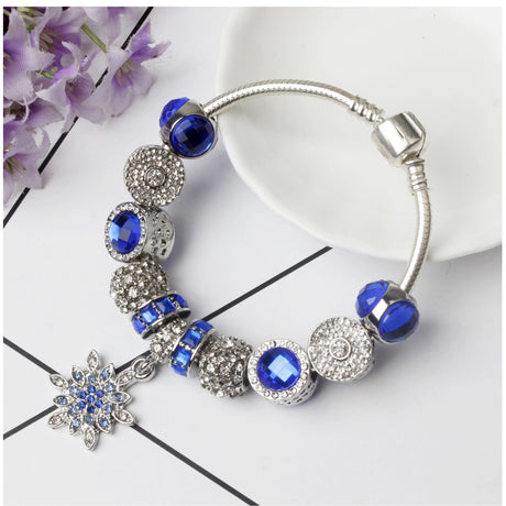 Blue Cat's Eye Glass Bead Bracelet - Zinc Alloy Rhinestone & Snowflake Pendant(20cm)