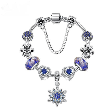 Blue Cat’s Eye & Glass Bead Bracelet – Rhinestone Snowflake Pendant(19cm)