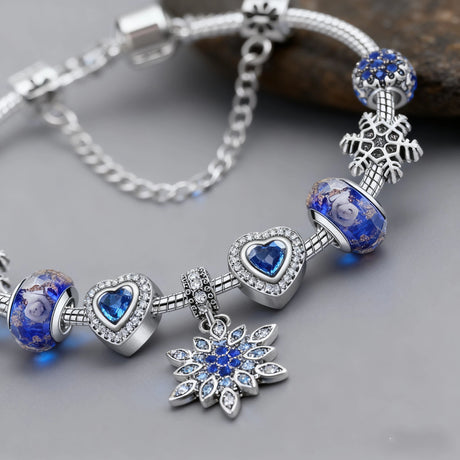 Blue Cat’s Eye & Glass Bead Bracelet – Rhinestone Snowflake Pendant(19cm)