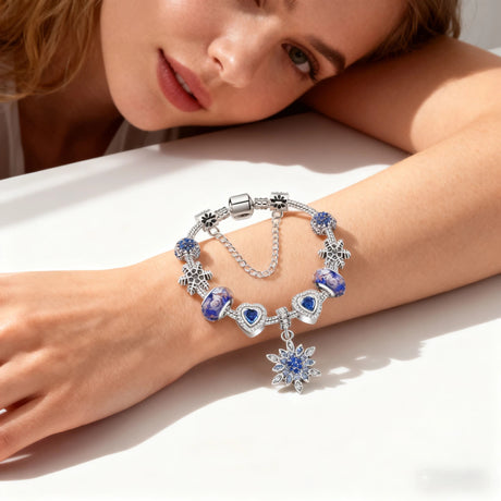 Blue Cat’s Eye & Glass Bead Bracelet – Rhinestone Snowflake Pendant(20cm)