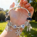 Pandora-Style Rhinestone Blue Cat’s Eye Heart Bracelet: Glass Beads, Dreamcatcher Feather Snowflake(17cm)