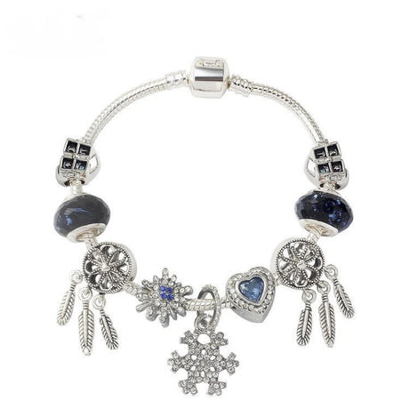 Pandora-Style Rhinestone Blue Cat’s Eye Heart Bracelet: Glass Beads, Dreamcatcher Feather Snowflake(18cm)