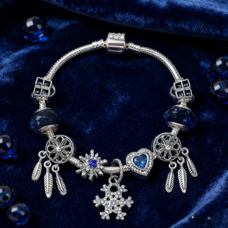 Pandora-Style Rhinestone Blue Cat’s Eye Heart Bracelet: Glass Beads, Dreamcatcher Feather Snowflake(18cm)