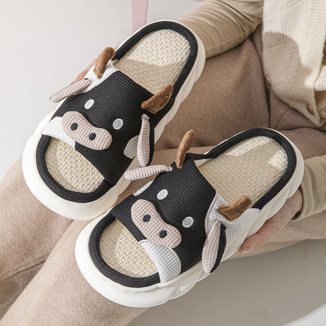 Unisex Cow Cartoon Linen Slippers: EVA Thick Sole Non-Slip Beach Sandals for Couples & Parent-Child, 7 Styles(black)
