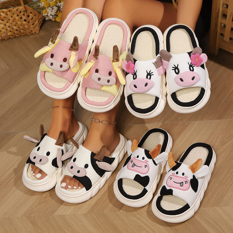 Unisex Cow Cartoon Linen Slippers: EVA Thick Sole Non-Slip Beach Sandals for Couples & Parent-Child, 7 Styles(coffee brown)