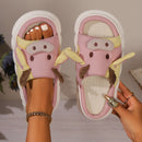 Unisex Cow Cartoon Linen Slippers: EVA Thick Sole Non-Slip Beach Sandals for Couples & Parent-Child, 7 Styles(pink)
