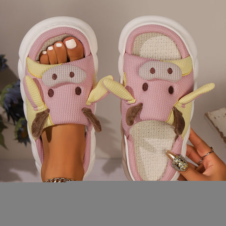 Unisex Cow Cartoon Linen Slippers: EVA Thick Sole Non-Slip Beach Sandals for Couples & Parent-Child, 7 Styles(pink)
