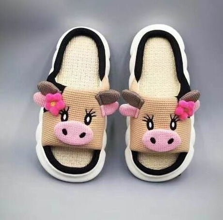 Unisex Cow Cartoon Linen Slippers: EVA Thick Sole Non-Slip Beach Sandals for Couples & Parent-Child, 7 Styles(khaki)