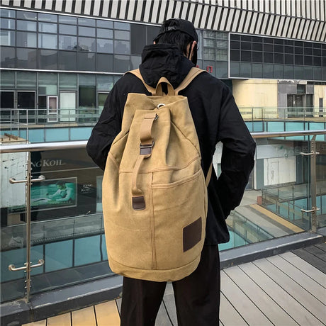 Canvas Travel Backpack with Bucket Design Khaki